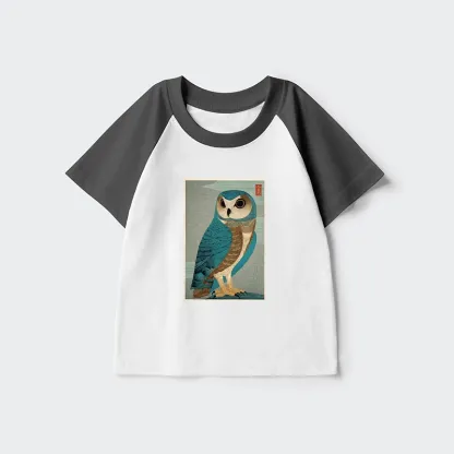 Tokyo-Tiger Vintage Owl Woodblock Art Kids Raglan T-shirt