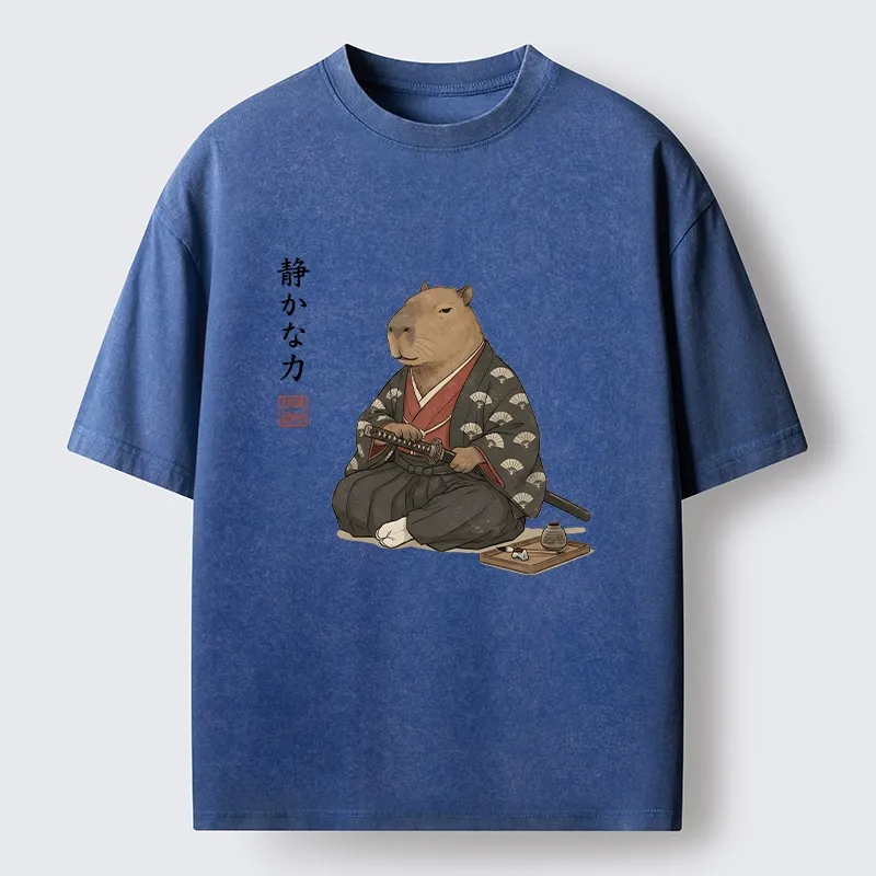 Tokyo-Tiger Calm Samurai Capybara With Katana Meme Washed T-Shirt
