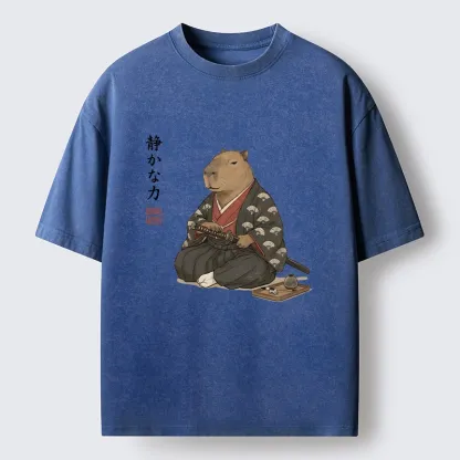 Tokyo-Tiger Calm Samurai Capybara With Katana Meme Washed T-Shirt