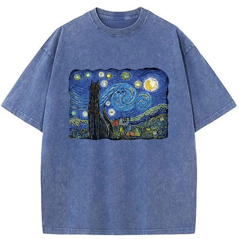 Tokyo-Tiger Cat Under The Starry Night Washed T-Shirt