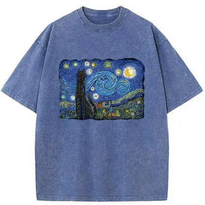 Tokyo-Tiger Cat Under The Starry Night Washed T-Shirt
