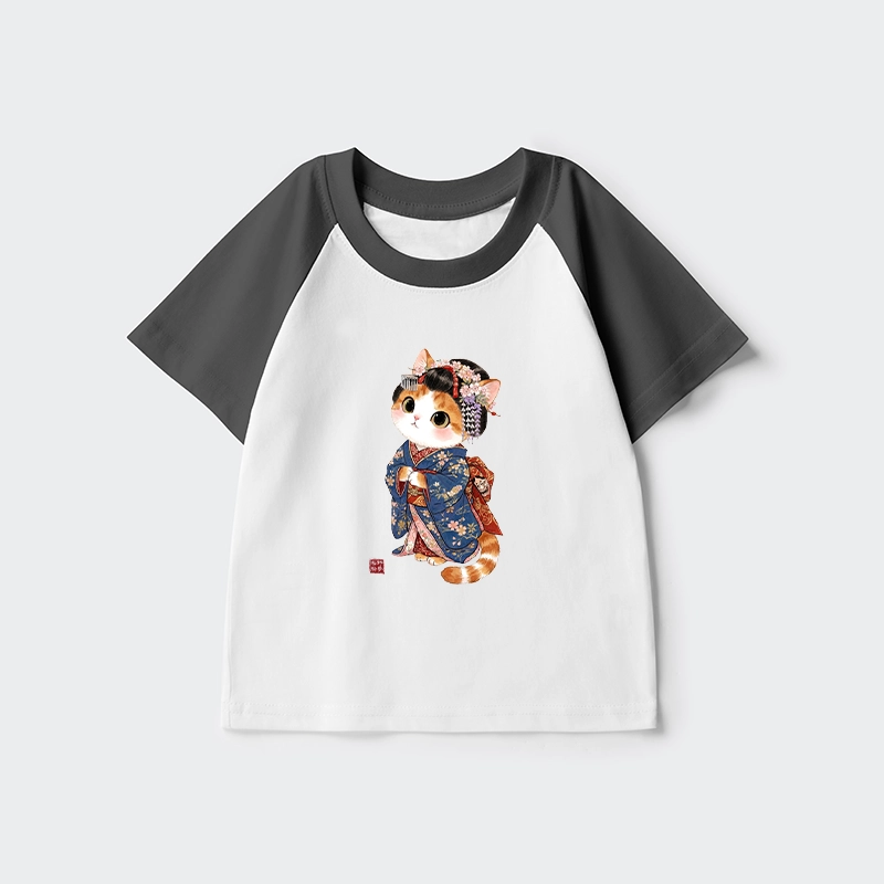 Tokyo-Tiger Cat Dressed As A Geisha Funny Kids Raglan T-shirt