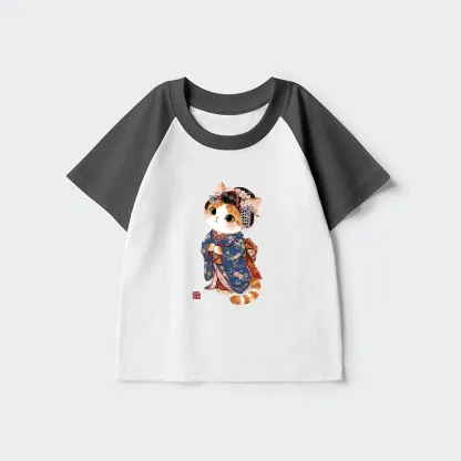 Tokyo-Tiger Cat Dressed As A Geisha Funny Kids Raglan T-shirt