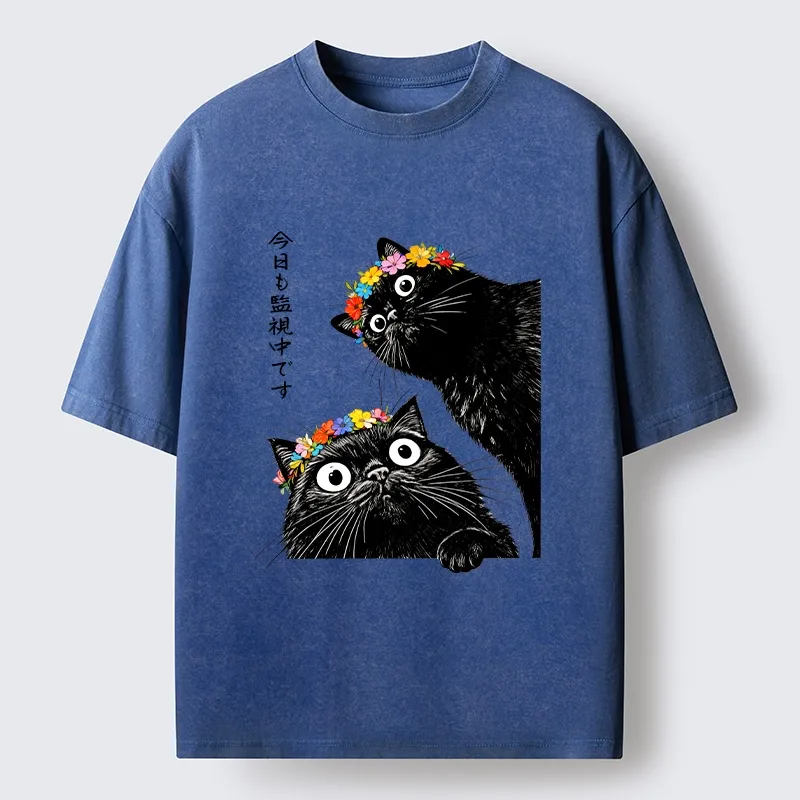 Tokyo-Tiger Flower Crown Black Cat Washed T-Shirt