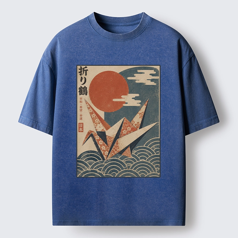 Tokyo-Tiger Japanese Origami Crane Vintage Print Washed T-Shirt