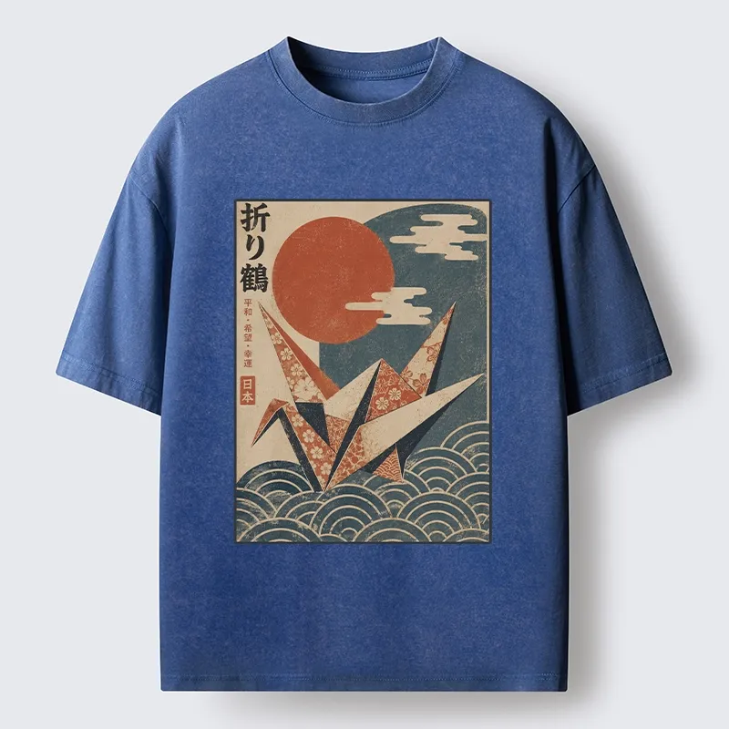 Tokyo-Tiger Japanese Origami Crane Vintage Print Washed T-Shirt