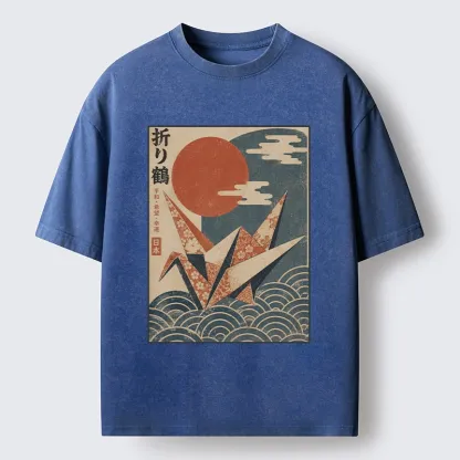 Tokyo-Tiger Japanese Origami Crane Vintage Print Washed T-Shirt