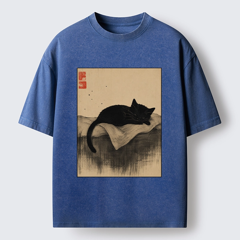Tokyo-Tiger Sleeping Black Cat In Ink Wash Style Washed T-Shirt