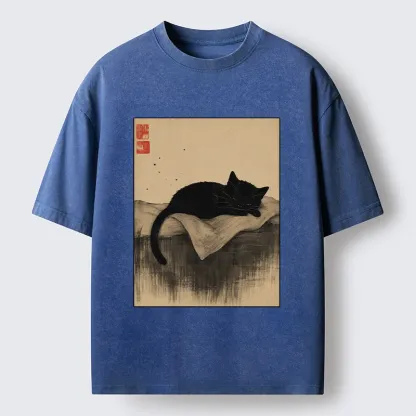 Tokyo-Tiger Sleeping Black Cat In Ink Wash Style Washed T-Shirt