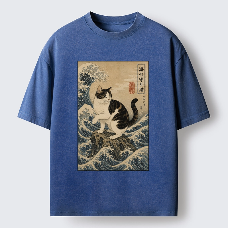 Tokyo-Tiger Sea Guardian Cat In Great Wave Art Washed T-Shirt