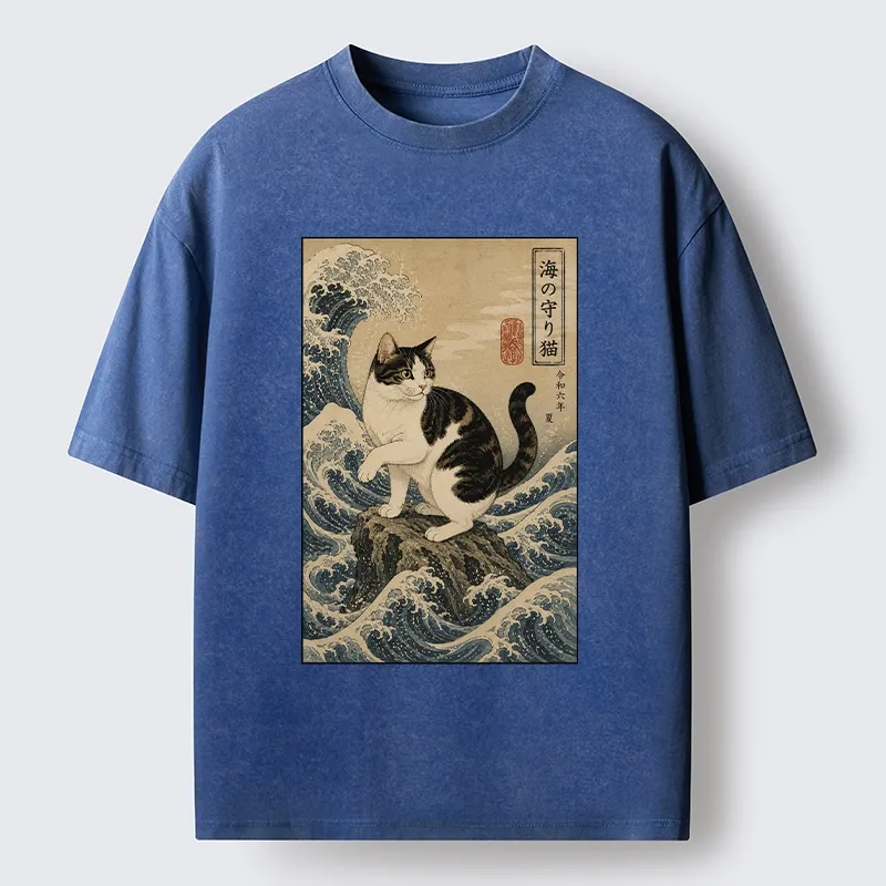 Tokyo-Tiger Sea Guardian Cat In Great Wave Art Washed T-Shirt Sale
