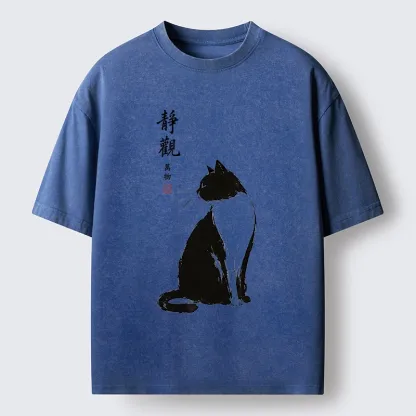 Tokyo-Tiger Calm Black And White Cat Washed T-Shirt