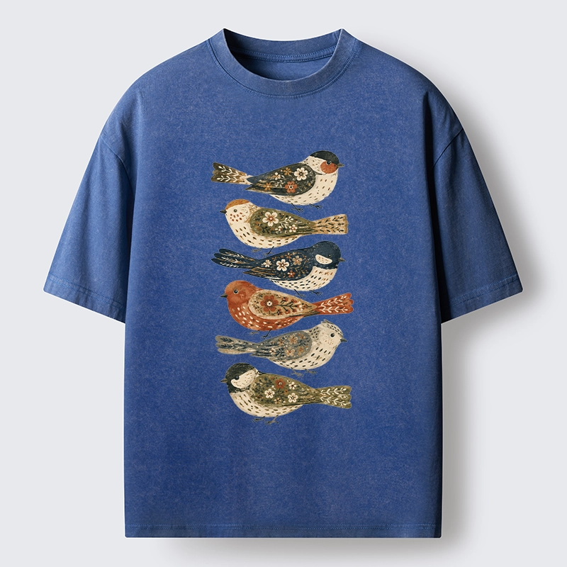 Tokyo-Tiger Colorful Folk Birds In Earthy Tones Washed T-Shirt