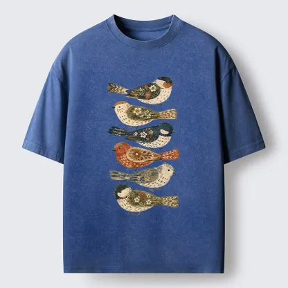 Tokyo-Tiger Colorful Folk Birds In Earthy Tones Washed T-Shirt