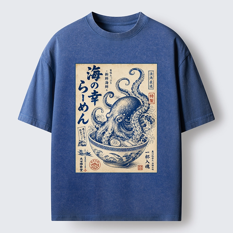 Tokyo-Tiger Vintage Octopus Ramen Japanese Poster Washed T-Shirt