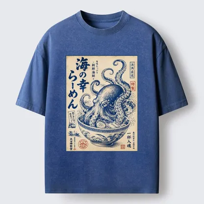 Tokyo-Tiger Vintage Octopus Ramen Japanese Poster Washed T-Shirt