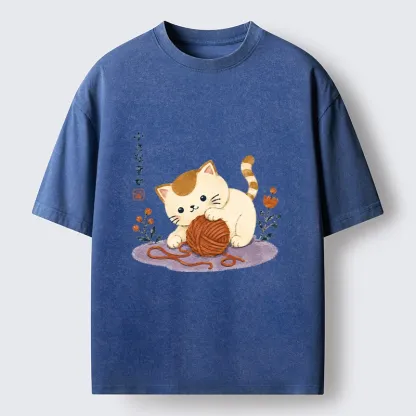 Tokyo-Tiger Cute Watercolor Cat Playing With Yarn Washed T-Shirt