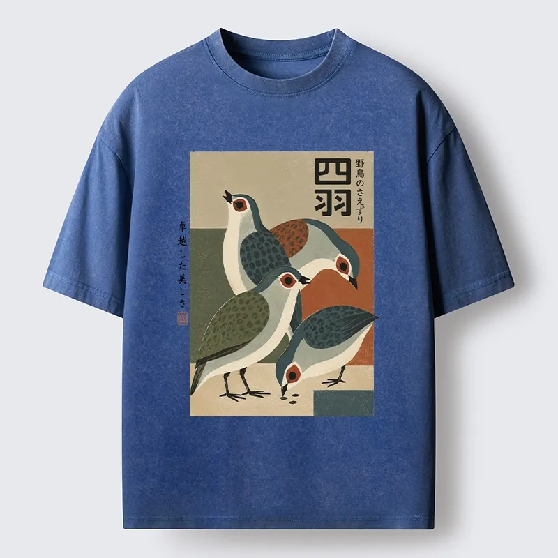 Tokyo-Tiger Four Birds In Vintage Japanese Style Washed T-Shirt