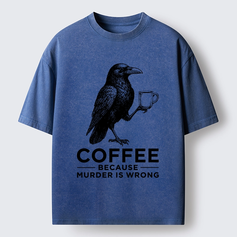 Tokyo-Tiger Raven Holding Coffee Life Mood Washed T-Shirt