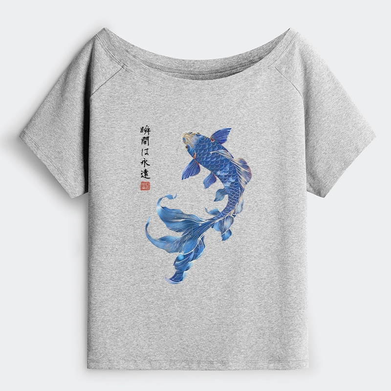 Tokyo-Tiger Lucky Blue Koi Fish Art Off Shoulder T-Shirt