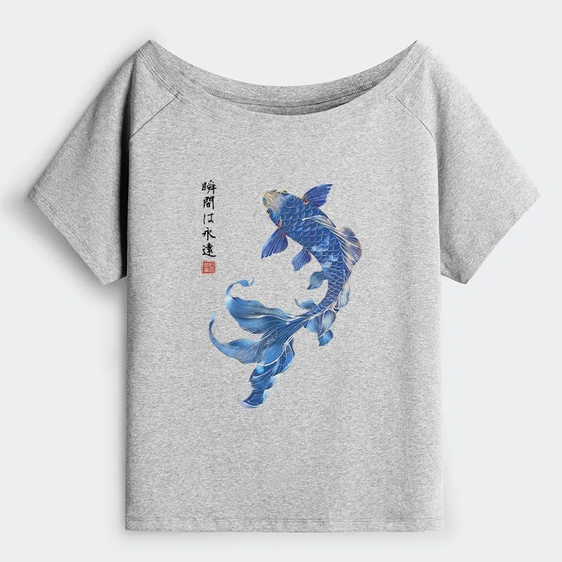Tokyo-Tiger Lucky Blue Koi Fish Art Off Shoulder T-Shirt