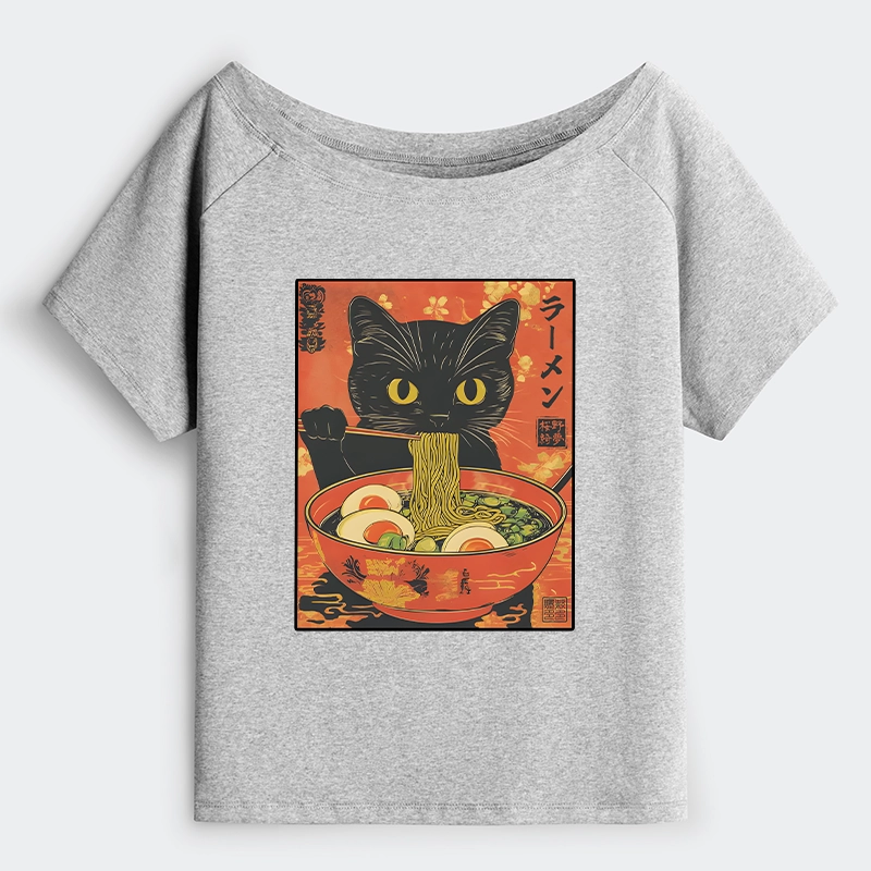 Tokyo-Tiger Hungry Black Cat Loves Ramen Off Shoulder T-Shirt