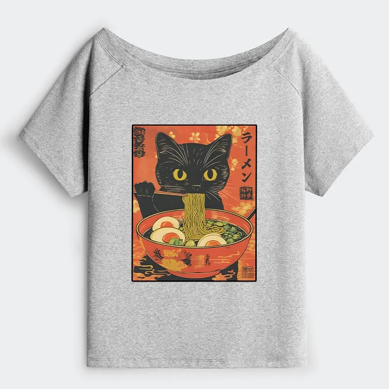Tokyo-Tiger Hungry Black Cat Loves Ramen Off Shoulder T-Shirt