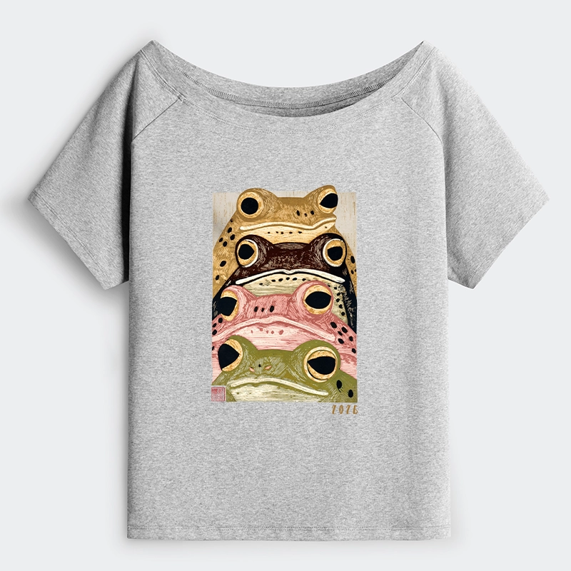 Tokyo-Tiger Whimsical Multi Colored Frog Art Off Shoulder T-Shirt