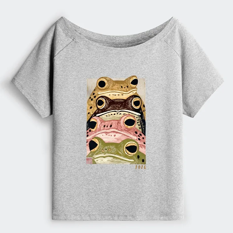 Tokyo-Tiger Whimsical Multi Colored Frog Art Off Shoulder T-Shirt