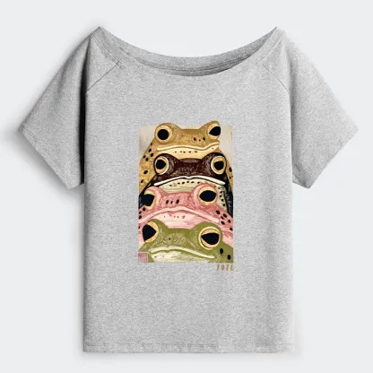 Tokyo-Tiger Whimsical Multi Colored Frog Art Off Shoulder T-Shirt