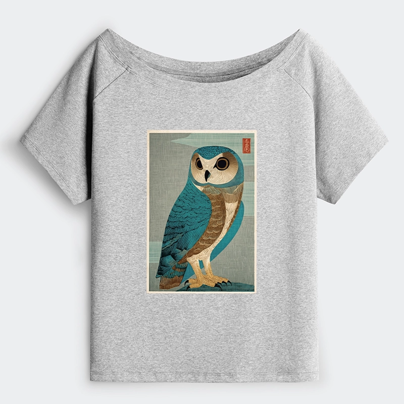 Tokyo-Tiger Vintage Owl Woodblock Art Off Shoulder T-Shirt