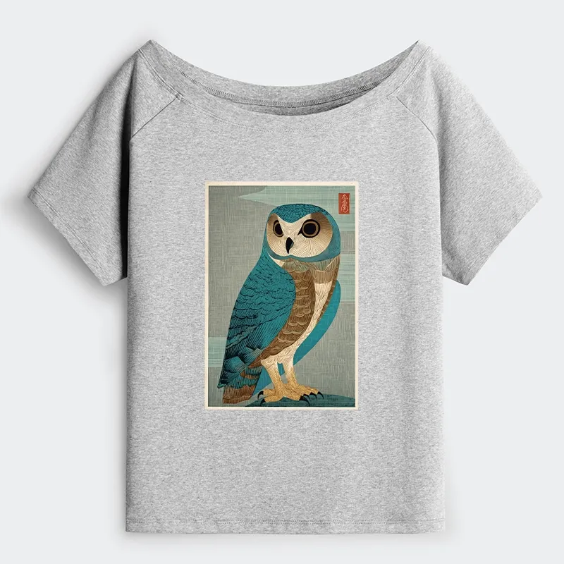 Tokyo-Tiger Vintage Owl Woodblock Art Off Shoulder T-Shirt