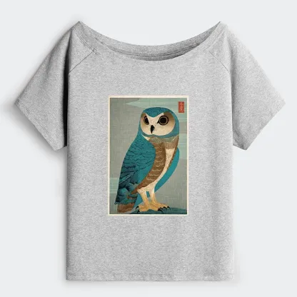 Tokyo-Tiger Vintage Owl Woodblock Art Off Shoulder T-Shirt