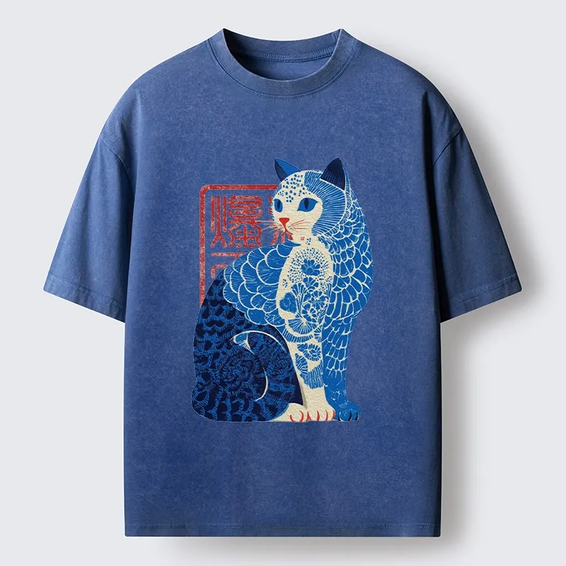 Tokyo-Tiger Blue And White Cat Print Art Washed T-Shirt