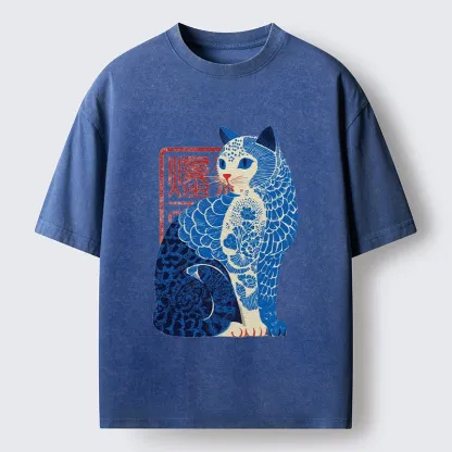 Tokyo-Tiger Blue And White Cat Print Art Washed T-Shirt