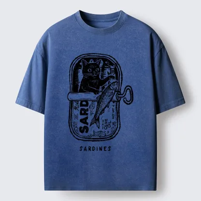 Tokyo-Tiger Black Cat Stuck In A Sardine Can Washed T-Shirt