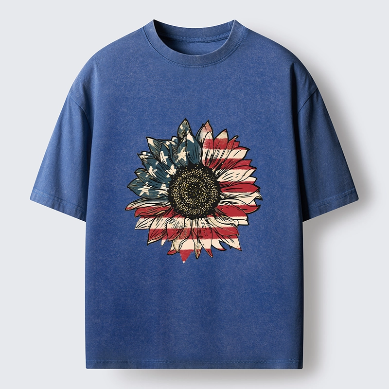 Tokyo-Tiger American Flag Sunflower Art Print Washed T-Shirt