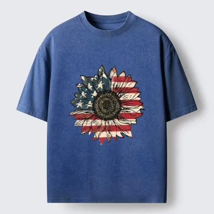 Tokyo-Tiger American Flag Sunflower Art Print Washed T-Shirt