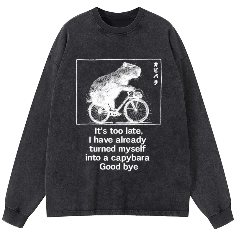 Tokyo-Tiger Funny Capybara Riding A Bicycle Washed Long Sleeve T-Shirt
