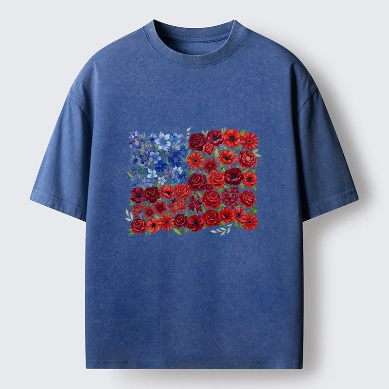 Tokyo-Tiger Floral American Flag Watercolor Art Washed T-Shirt