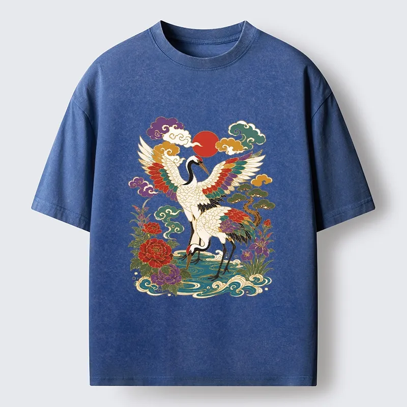 Tokyo-Tiger Traditional Japanese Cranes Art Print Washed T-Shirt
