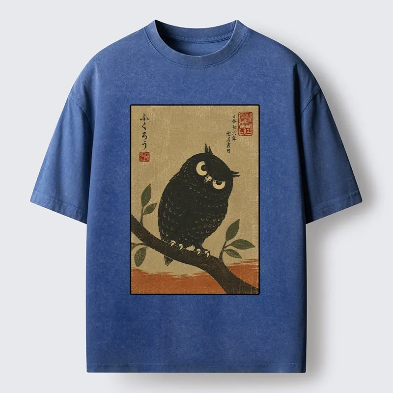 Tokyo-Tiger Traditional Black Owl Art Vibe Washed T-Shirt
