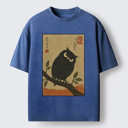 Tokyo-Tiger Traditional Black Owl Art Vibe Washed T-Shirt