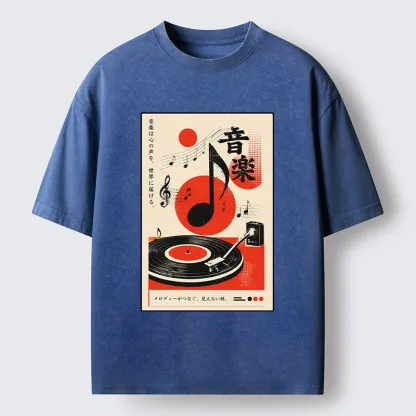 Tokyo-Tiger Retro Vinyl Record And Music Notes Washed T-Shirt