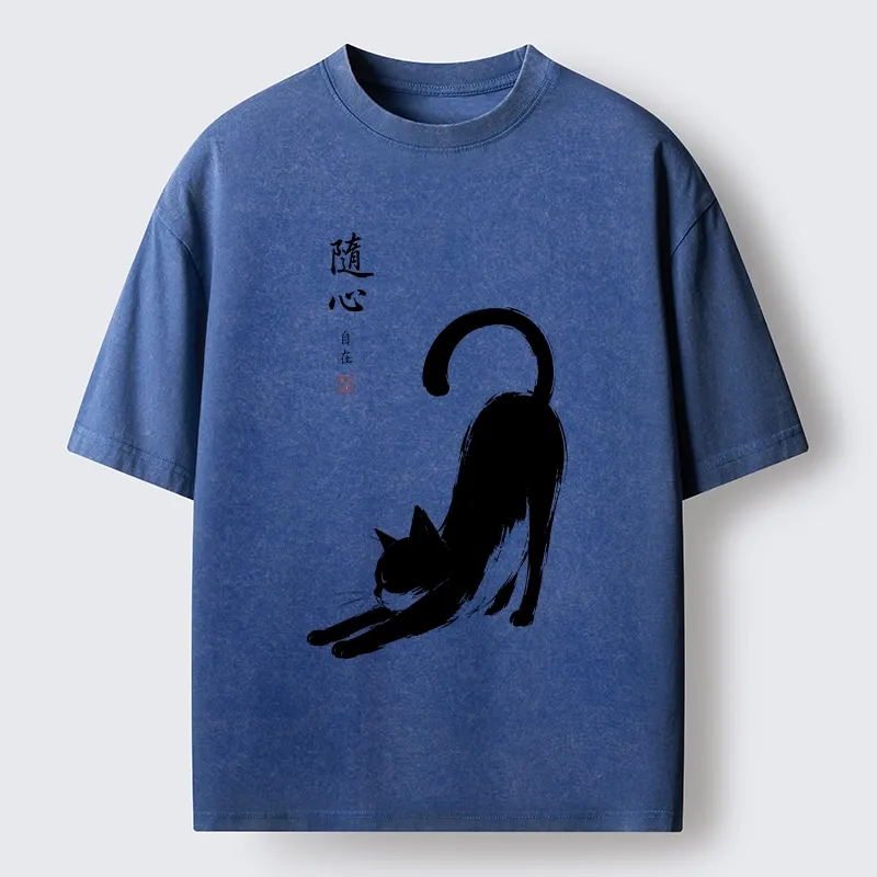 Tokyo-Tiger Zen Ink Wash Cat Stretching Art Washed T-Shirt