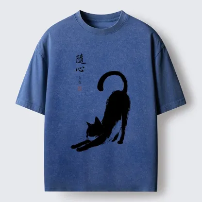 Tokyo-Tiger Zen Ink Wash Cat Stretching Art Washed T-Shirt