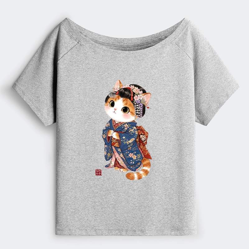 Tokyo-Tiger Cat Dressed As A Geisha Funny Off Shoulder T-Shirt