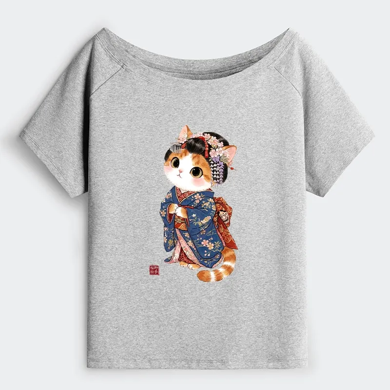 Tokyo-Tiger Cat Dressed As A Geisha Funny Off Shoulder T-Shirt