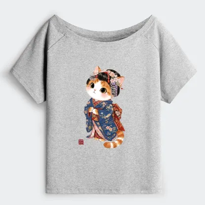 Tokyo-Tiger Cat Dressed As A Geisha Funny Off Shoulder T-Shirt