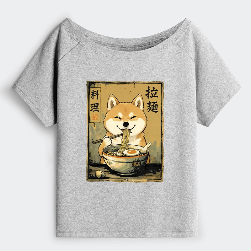 Tokyo-Tiger Happy Shiba Eating Ramen Off Shoulder T-Shirt